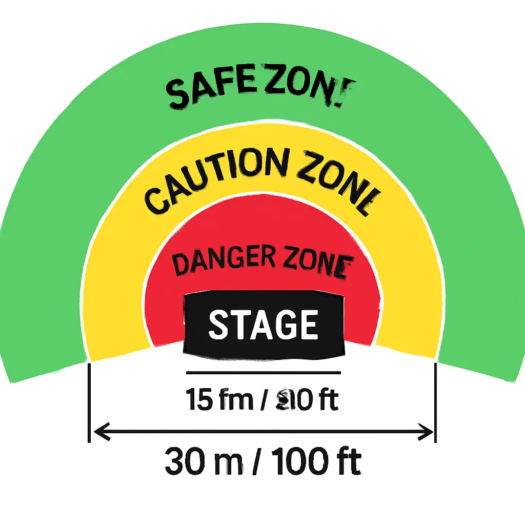 Bezpečnostní zóny a měření vzdálenosti Grafické znázornění bezpečnostních zón pro pyrotechniku