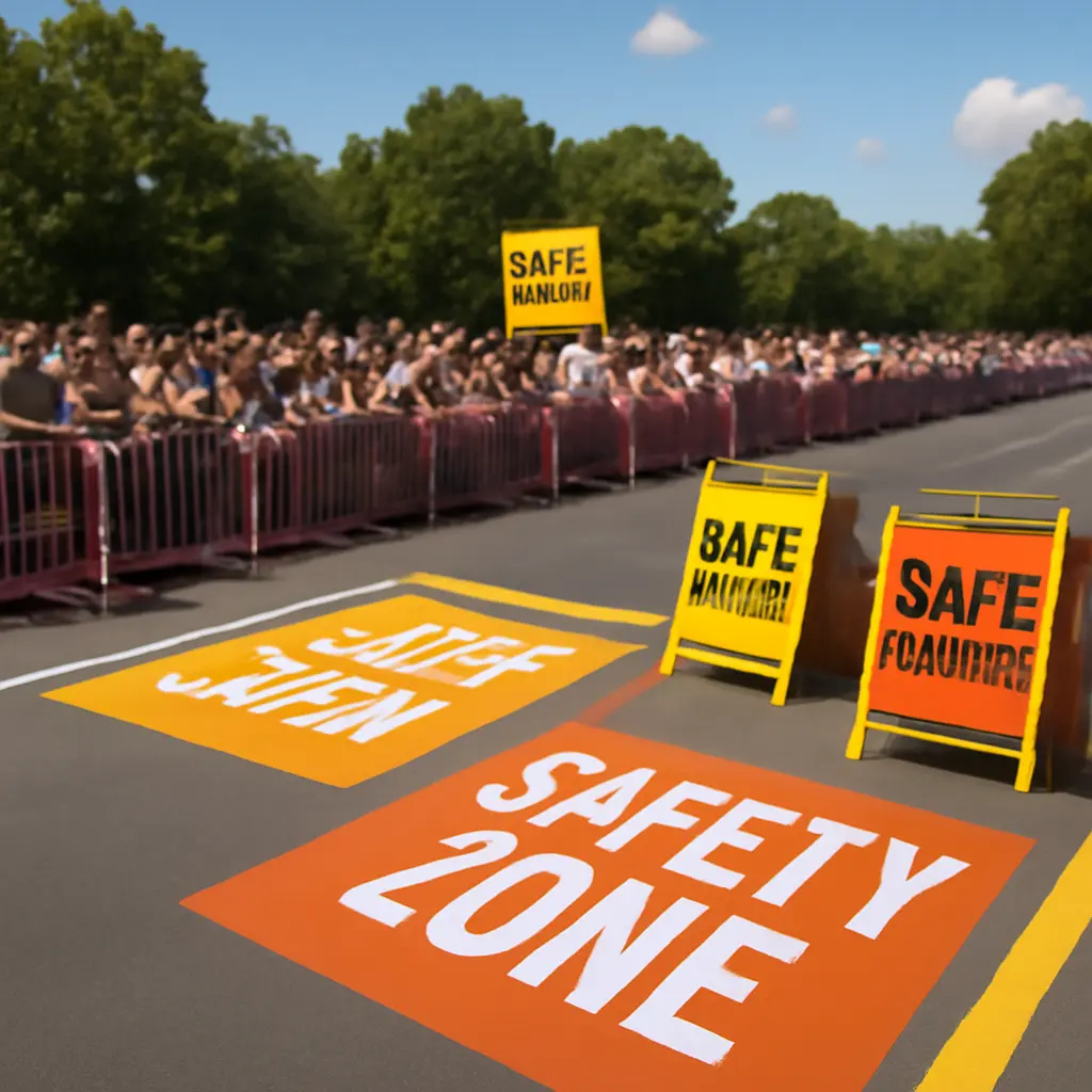 Vyznačené bezpečnostní zóny pro publikum a personál před pyrotechnickým efektem