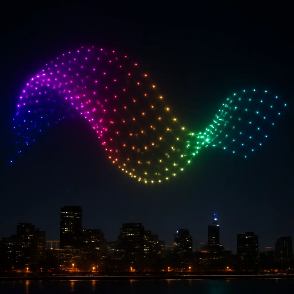 Dronová show Drony tvořící světelný obraz na noční obloze