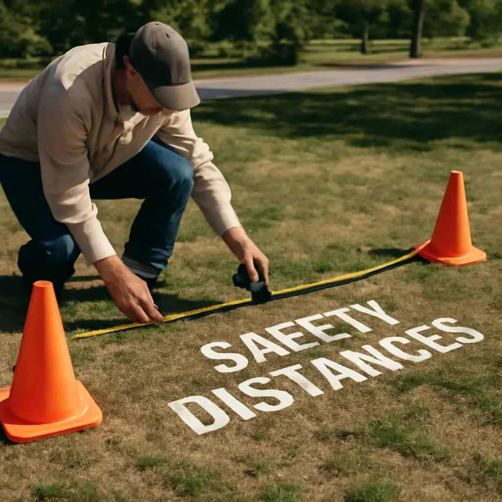 Měření bezpečnostních vzdáleností Měření bezpečnostní vzdálenosti na venkovním prostoru s měřicím přístrojem a páskou