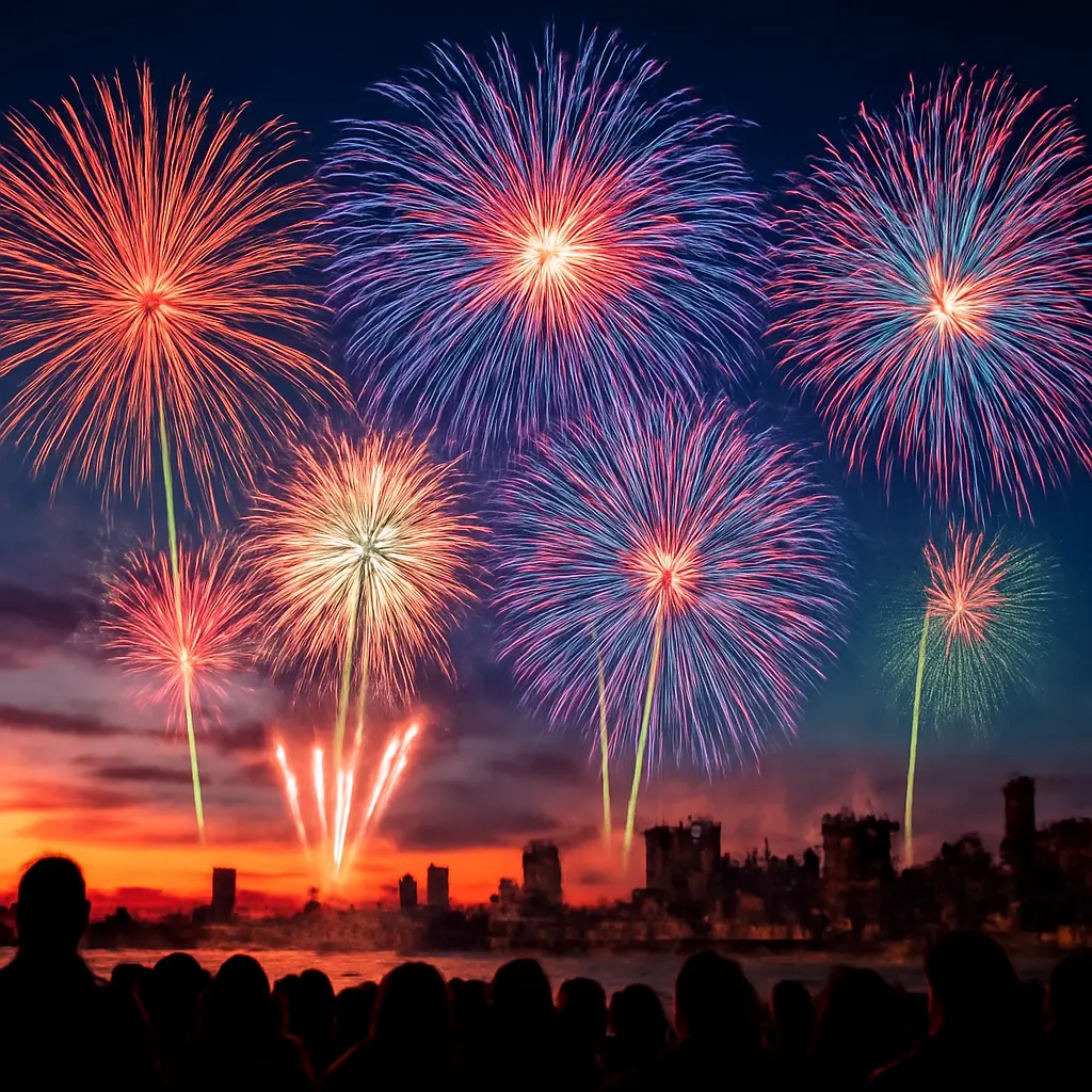 Profesionální ohňostroj nad městem během večerní akce