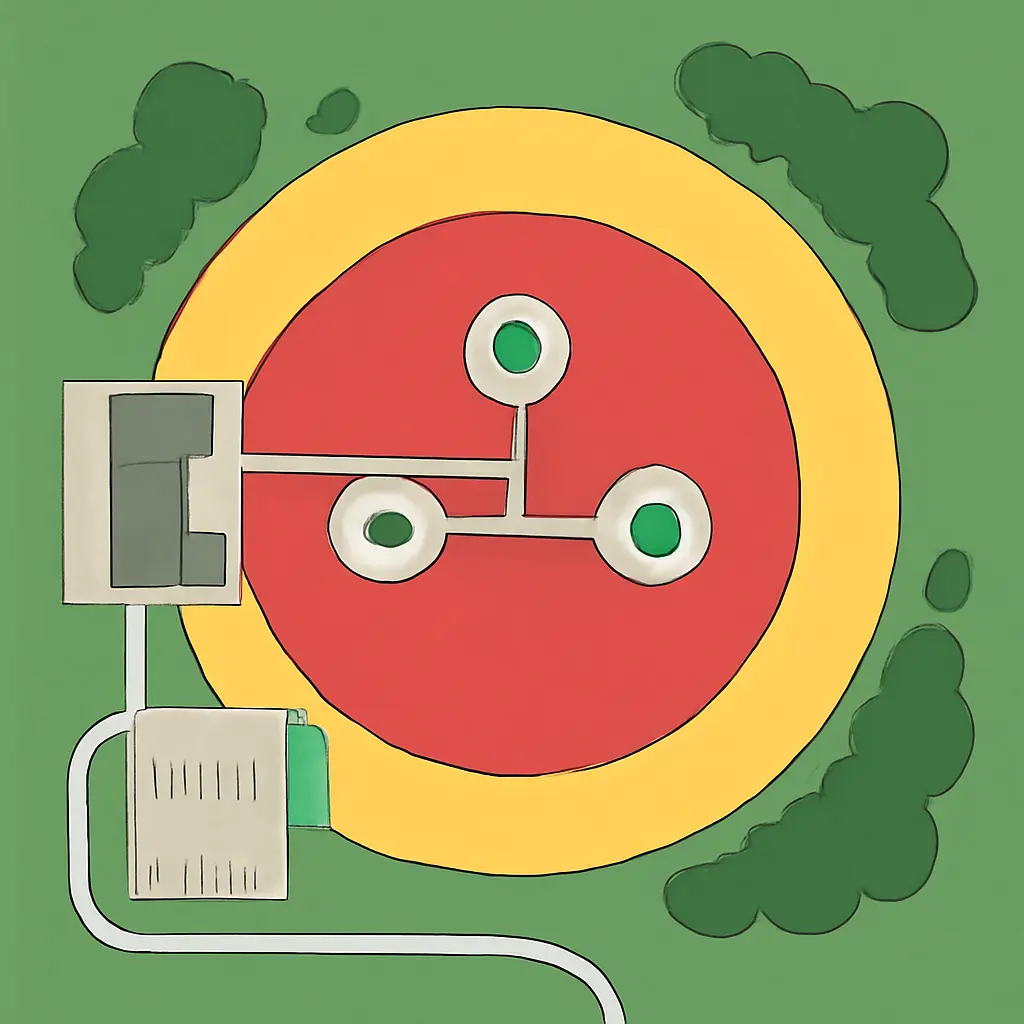 Plán odpalu a zóny Mapa areálu s vyznačenými bezpečnostními zónami a odpalištěm