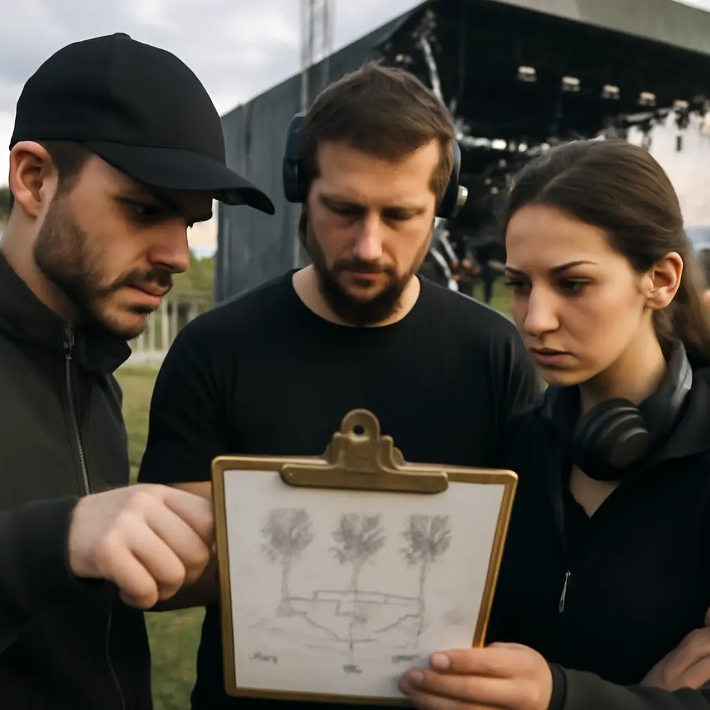 Pořadatelé kontrolují plán ohňostroje před scénou