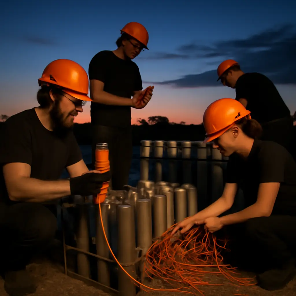 Příprava pyrotechniky Tým profesionálních pyrotechniků připravuje zařízení venku