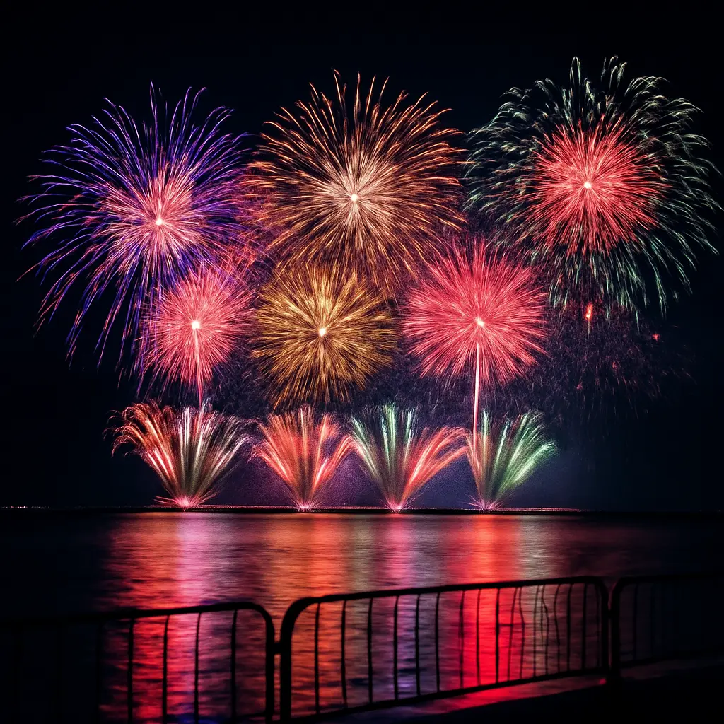 Profesionální pyrotechnická show Barevný profesionální ohňostroj nad noční oblohou s bezpečnostním zázemím v popředí