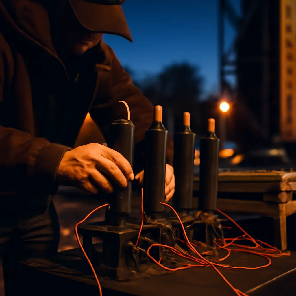 Pyrotechnický tým při přípravě Pyrotechnici připravující pyrotechniku na venkovním pódiu