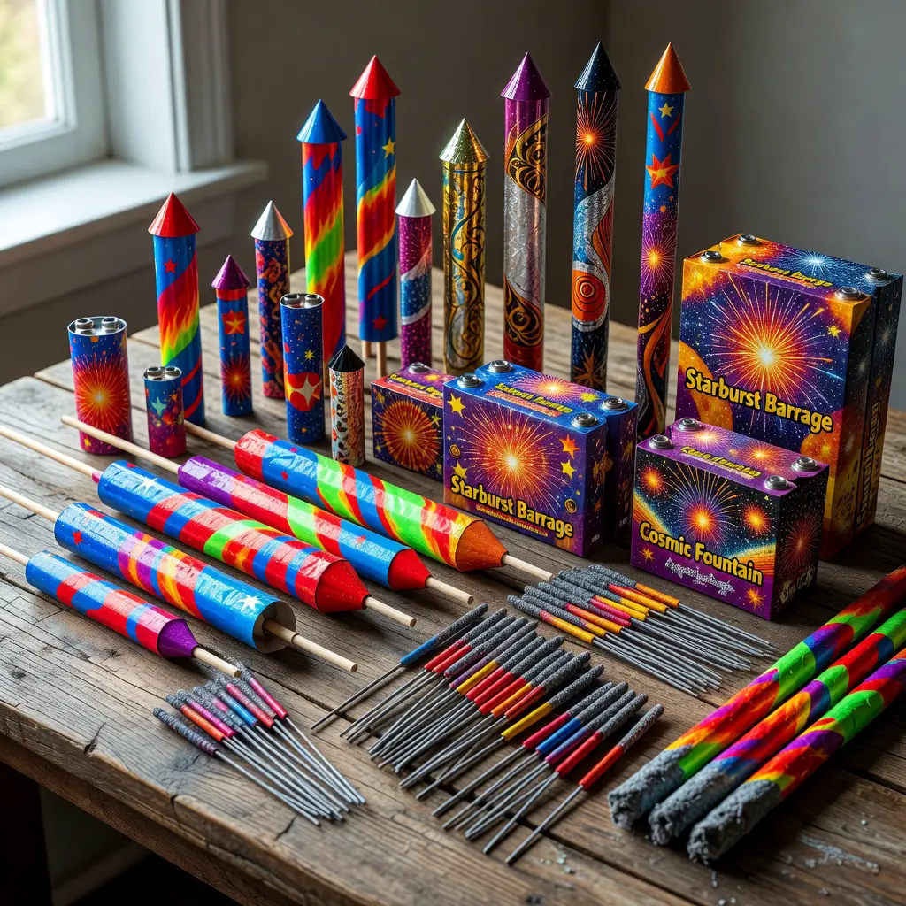 Různé druhy pyrotechniky na stole Různé druhy pyrotechniky seřazené vedle sebe – rakety, baterie, fontány a prskavky různých velikostí