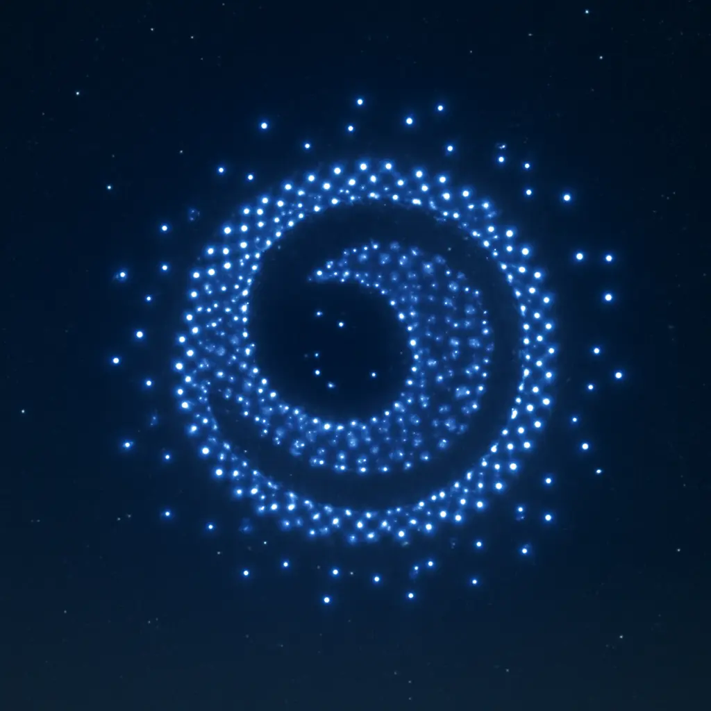 Flotila světelných dronů vytváří světelný obrazce na noční obloze