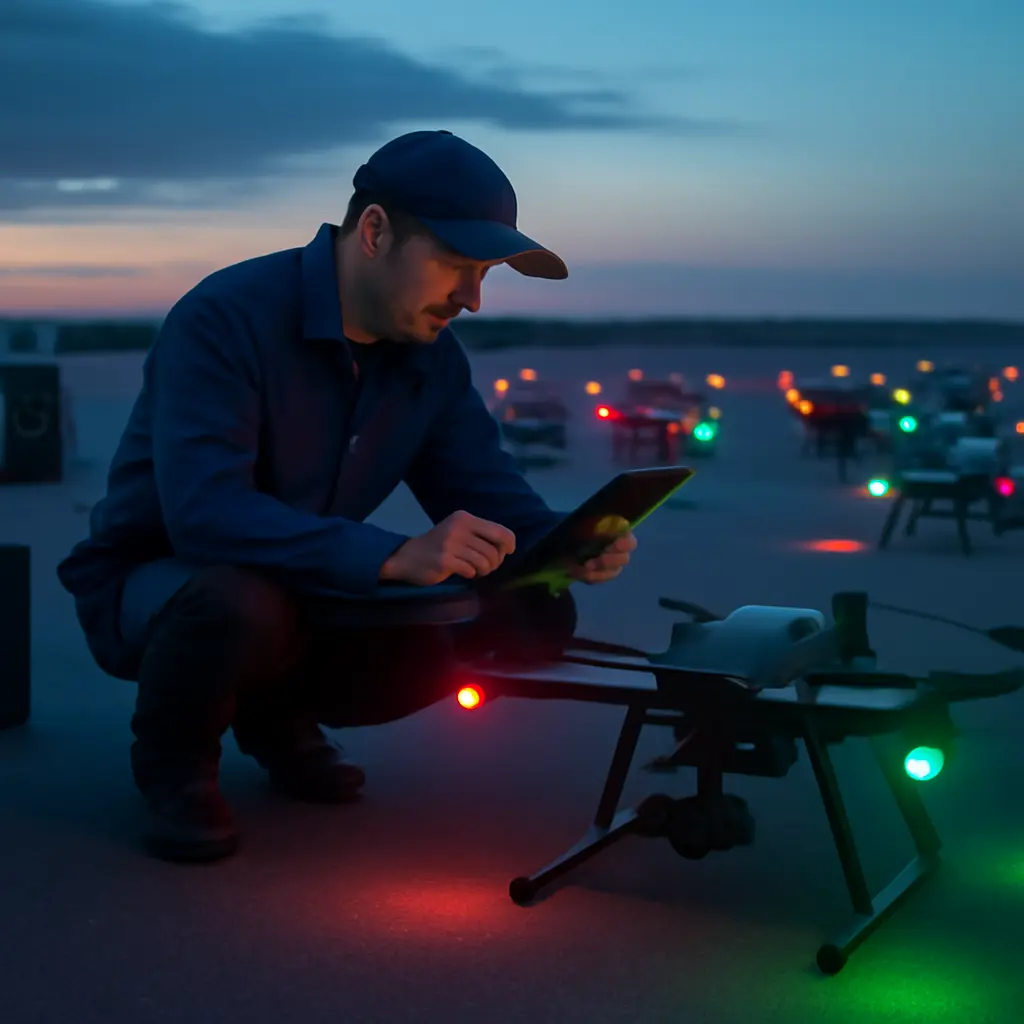 Technik kontroluje flotilu dronů před noční show