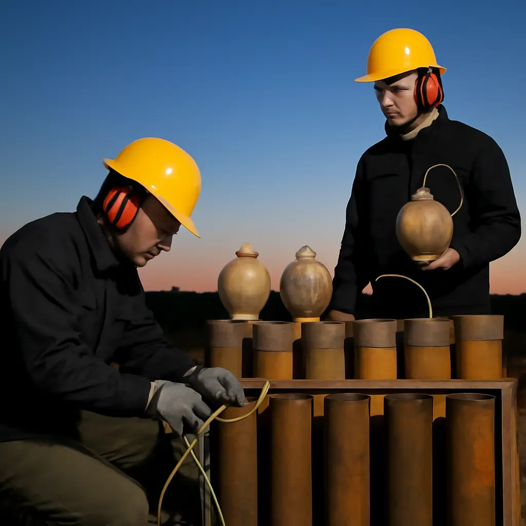 Tým připravuje ohňostroj Tým profesionálních pyrotechniků připravuje výbušné efekty na poli před publikem