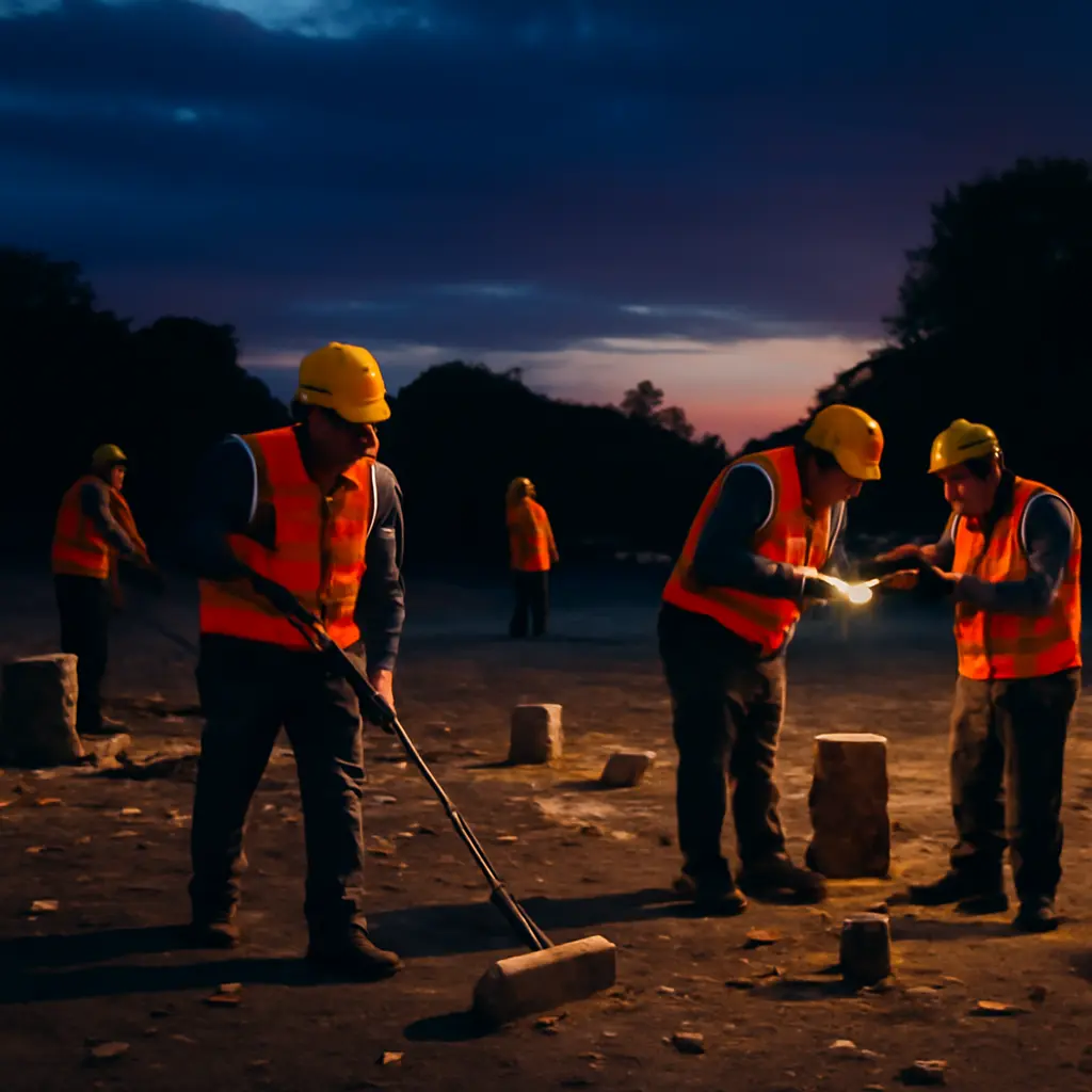 Zázemí po show Pyrotechnický tým uklízí a kontroluje místo po skončení ohňostroje, vyčištěné okolí a zapečetěné materiály